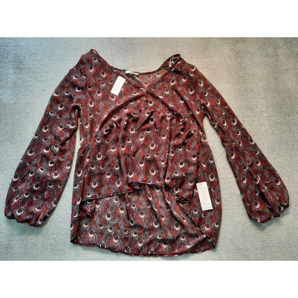 Loralette Womens 2X Red Feather Pattern Sheer long sleeve light weight NEW Top